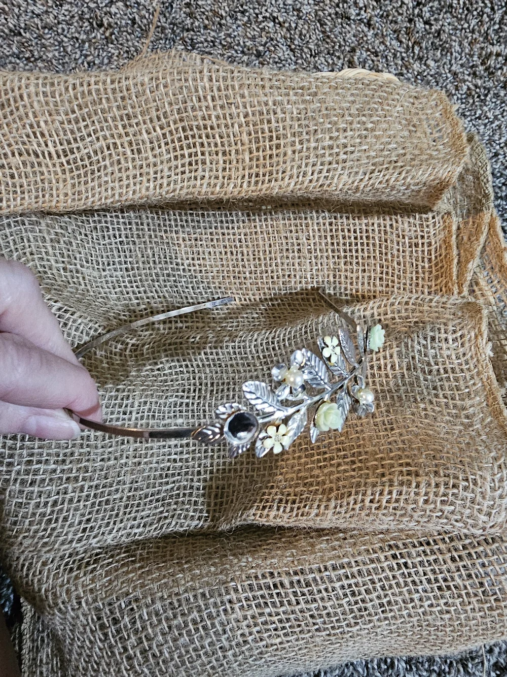 Floral Leaf Crystal Metal  Headband in Gold with Pale Yellow Flowers